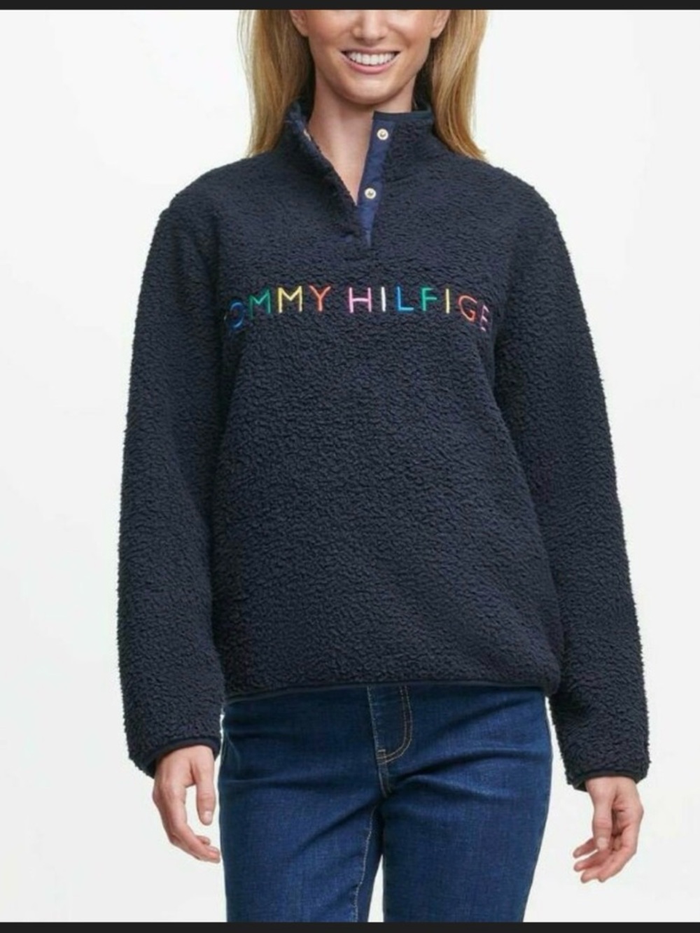 Tommy Hilfiger Navy Sherpa Snap-Neck Pullover with Rainbow Embroidery